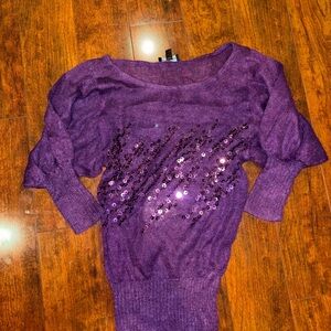 bebe Women's Dark Purple Sequin Knit Lightweight Pullover Sweater Size S